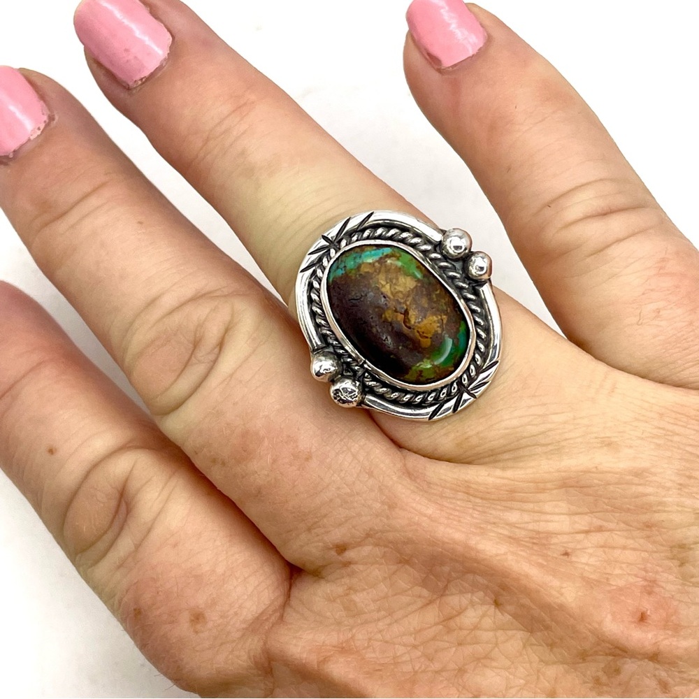 Navajo Green Turquoise Ring Size 7 Sterling Silver Vintage - Picture 2 of 6